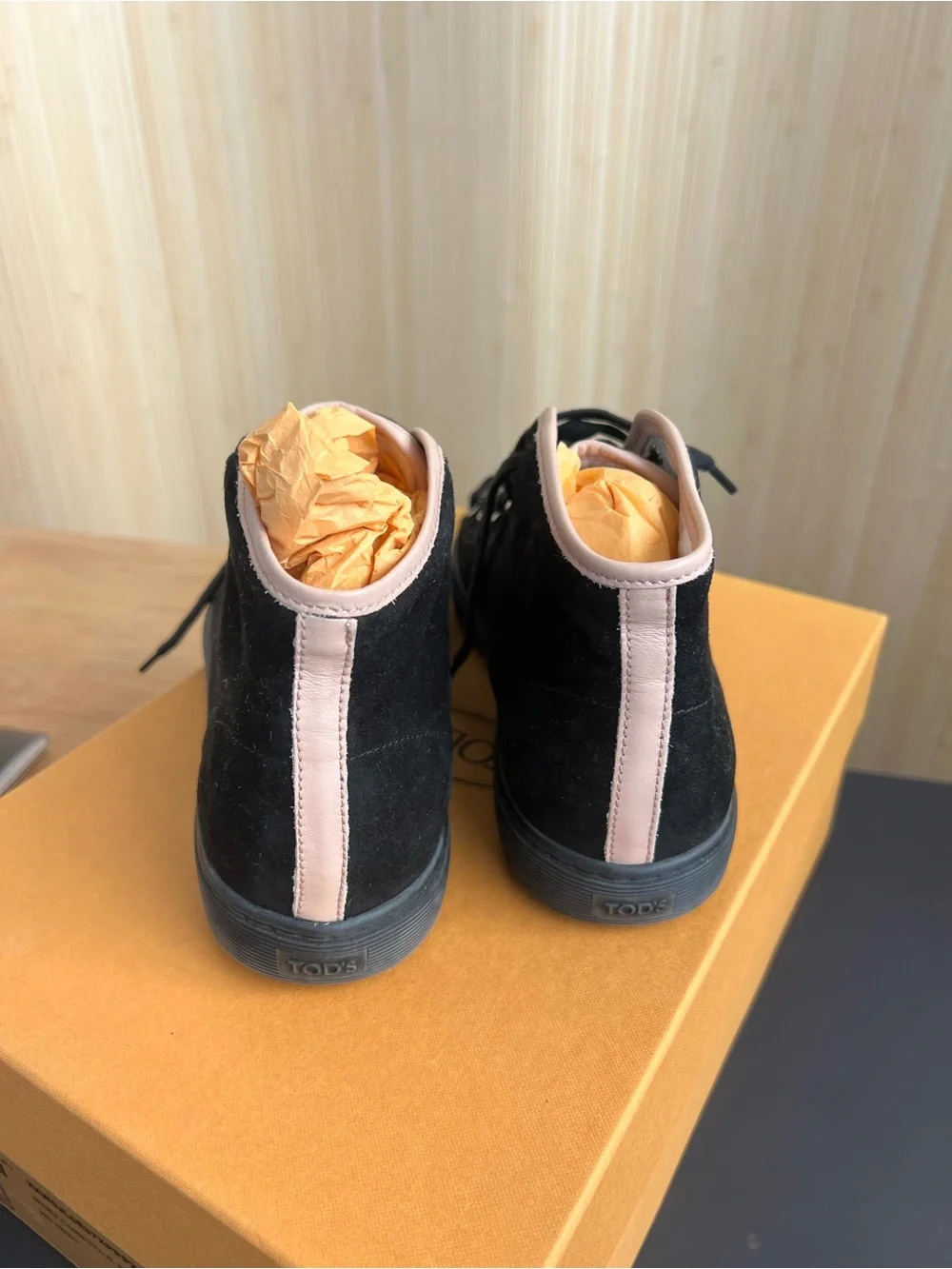 Tod's Black Suede High-Top Sneakers with Light Pink Trim